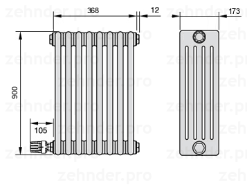 Схема (чертеж) Радиатор Zehnder Charleston 5090/8 №V004 Белый глянцевый RAL 9016